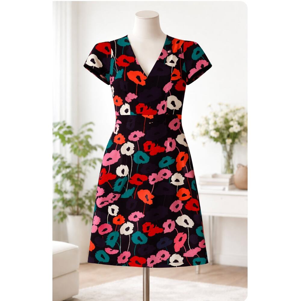Milly Black Poppy Floral V-Neck Dress Size 4 Lined Short Sleeve Chic
